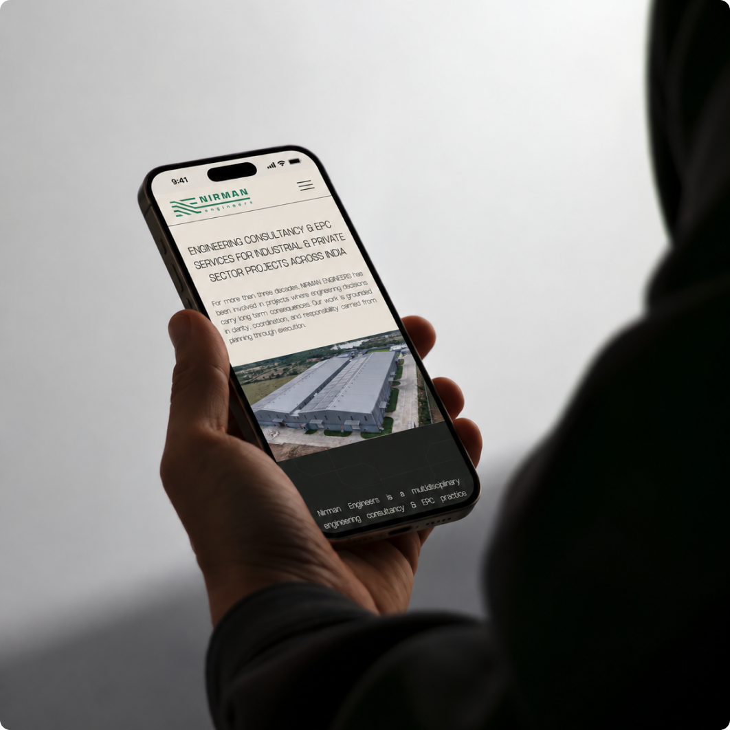 Nirman Engineers website on a phone